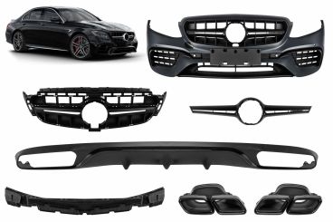 AMG пакет тип E63 за Mercedes E класа W213 2016-2019 с черни накрайници и черна лайсна, за модела със задна стандартна броня